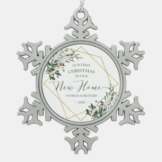 Greenery ons eerste kerstfeest in ons nieuwe huis tin sneeuwvlok ornament (Voorkant)