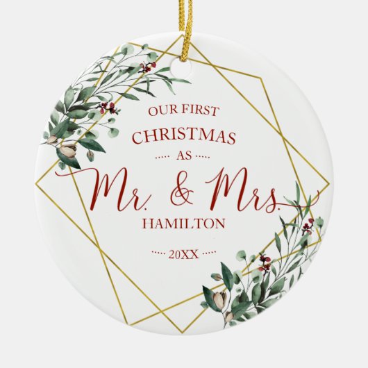 Greenery Onze eerste kerst als meneer en mevrouw Keramisch Ornament (Voorkant)