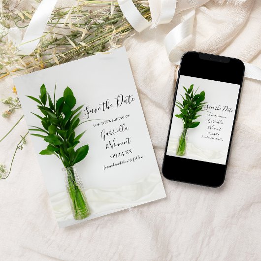 Greenery op White Wedding Save the Date