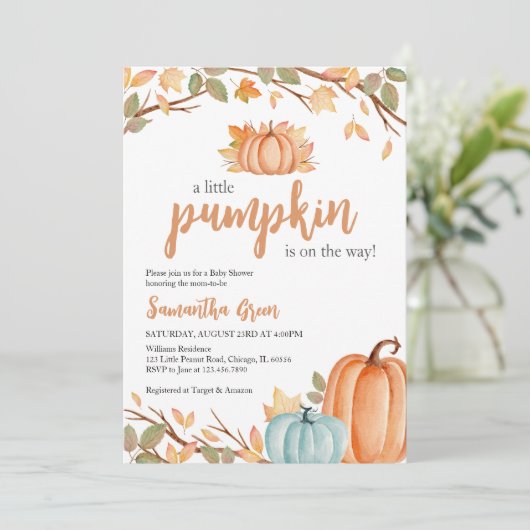 Greenery Oranje pompoen Baby shower Kaart (Staand voorkant)