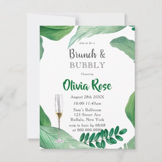 Greenery Paint Leaves Brunch & Bubble Invitation Kaart (Voorkant)