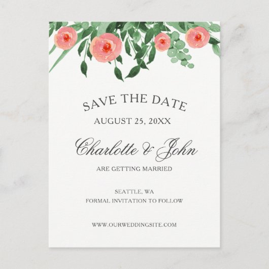 Greenery Peach Flowers Weddenschap behalve de data Aankondigingskaart (Voorkant)