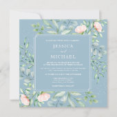 Greenery Peach Rozen Dusty Blue Square Wedding Kaart (Voorkant)