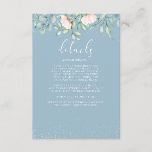 Greenery Peach Rozen Dusty Blue Wedding Details Informatiekaartje (Voorkant)