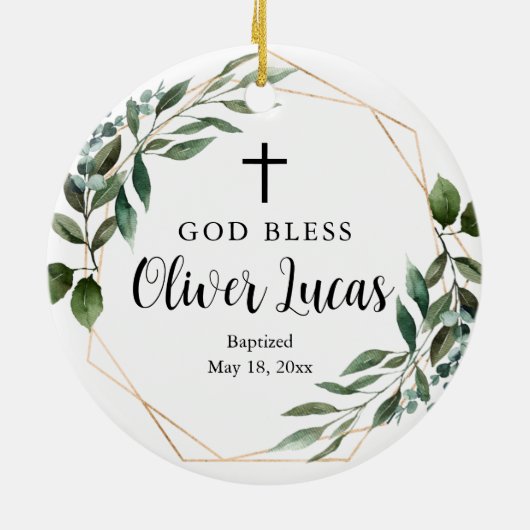 Greenery Personalized Baptism Ceramic Ornament (Achterkant)