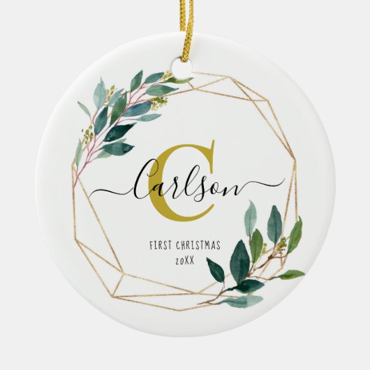 Greenery Personalized First KerstName Initiaal Keramisch Ornament (Voorkant)