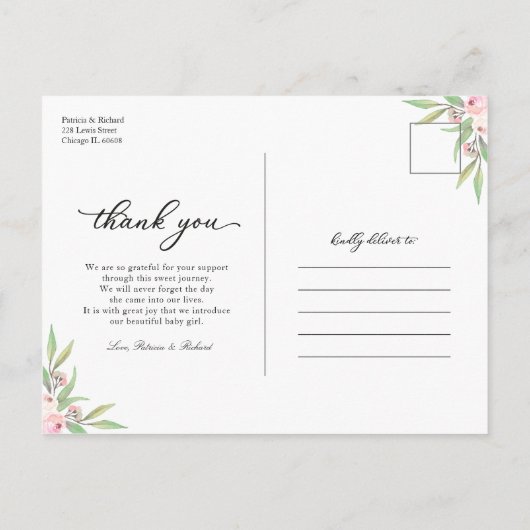 Greenery Photo Birth Announement & Bedankt Post Briefkaart (Achterkant)
