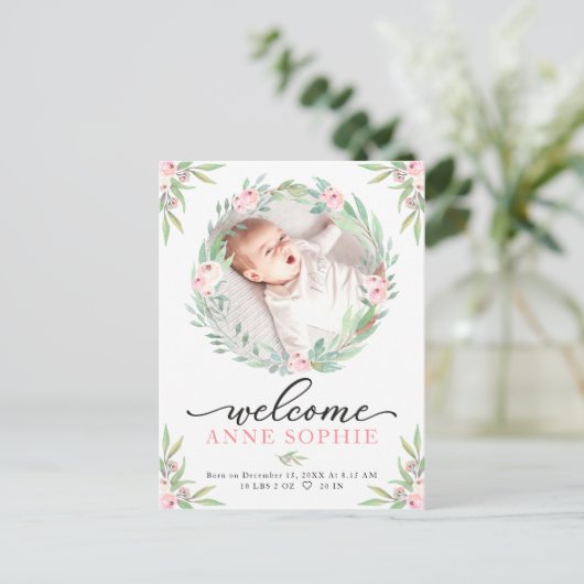Greenery Photo Birth Announement & Bedankt Post Briefkaart (Staand voorkant)