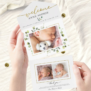 Greenery Photo Birth Announge & Bedankt voor je ka All In One Uitnodiging