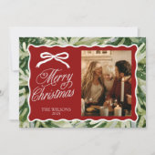 Greenery Photo Christmas Card with Bow & Scallop  Feestdagenkaart (Voorkant)