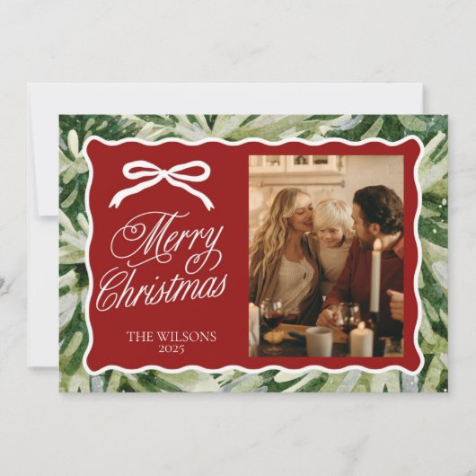 Greenery Photo Christmas Card with Bow & Scallop  Feestdagenkaart (Voorkant)