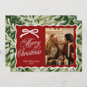 Greenery Photo Christmas Card with Bow & Scallop  Feestdagenkaart (Voorkant / Achterkant)