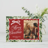 Greenery Photo Christmas Card with Bow & Scallop  Feestdagenkaart (Staand voorkant)