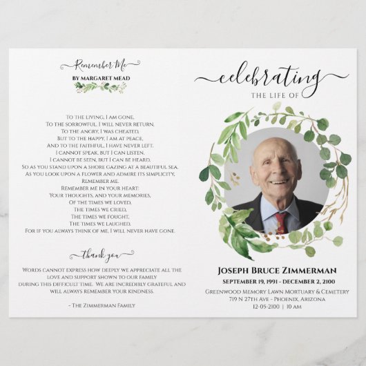 Greenery Photo Memorial Service Funeral Programme (Voorkant)