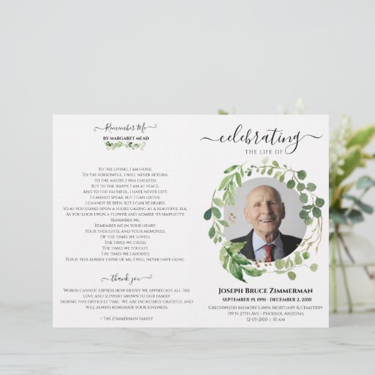 Greenery Photo Memorial Service Funeral Programme (Staand voorkant)