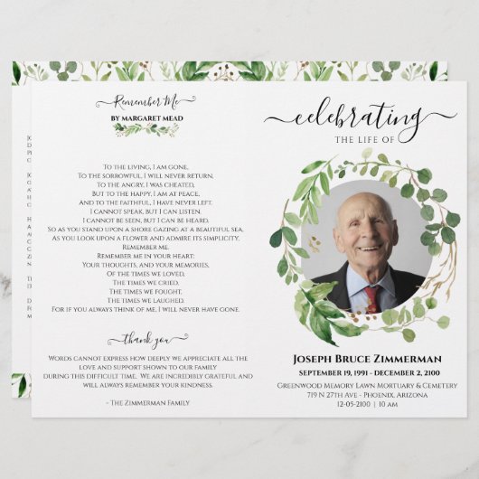 Greenery Photo Memorial Service Funeral Programme (Voorkant / Achterkant)