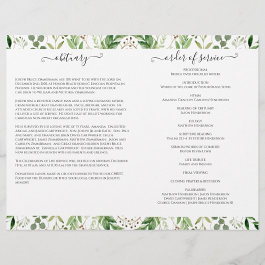 Greenery Photo Memorial Service Funeral Programme (Achterkant)