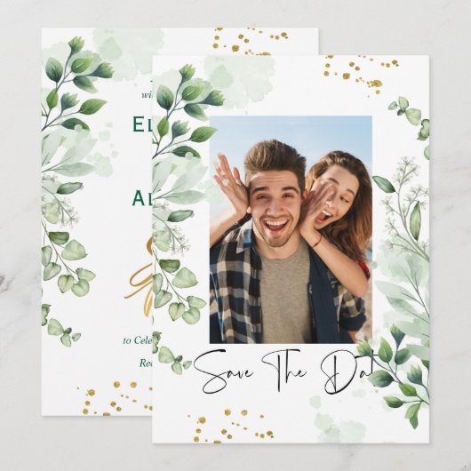 Greenery Photo Save The Date Invitation Kaart (Voorkant / Achterkant)