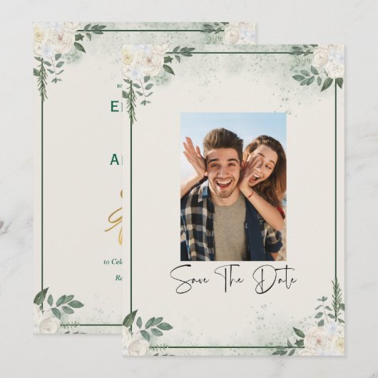 Greenery Photo Save The Date Invitation Kaart (Voorkant / Achterkant)
