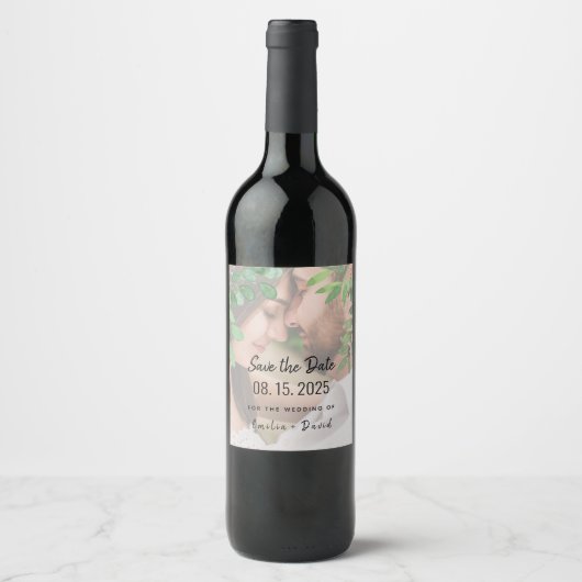 Greenery Photo Wedding Save the Date Wine Label Wijn Etiket (Voorkant)