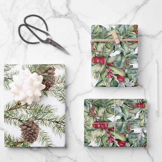 Greenery Pine Cones Red Berry Inpakpapier Vel (Voorkant)