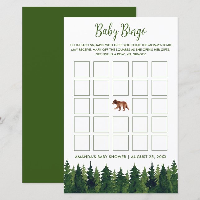 Greenery Pine Trees Baby Bingo Baby shower (Voorkant / Achterkant)