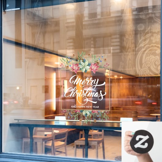 Greenery Pines Poinsettias Merry Kerstmis Raamsticker (Cafe Raam)