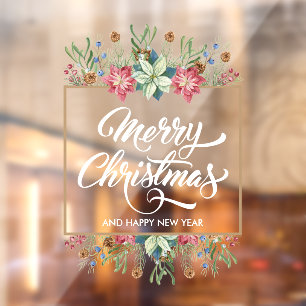 Greenery Pines Poinsettias Merry Kerstmis Raamsticker