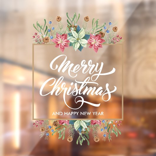 Greenery Pines Poinsettias Merry Kerstmis Raamsticker (Vel 2)