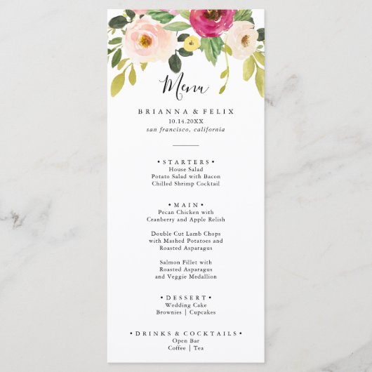 Greenery Pink Blush Floral Dinner Menu (Voorkant)