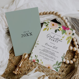 Greenery Pink Blush Floral Graduation Party Kaart