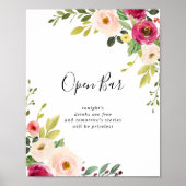 Greenery Pink Blush Floral Wedding Open Bar Poster (Voorkant)