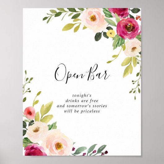 Greenery Pink Blush Floral Wedding Open Bar Poster (Voorkant)