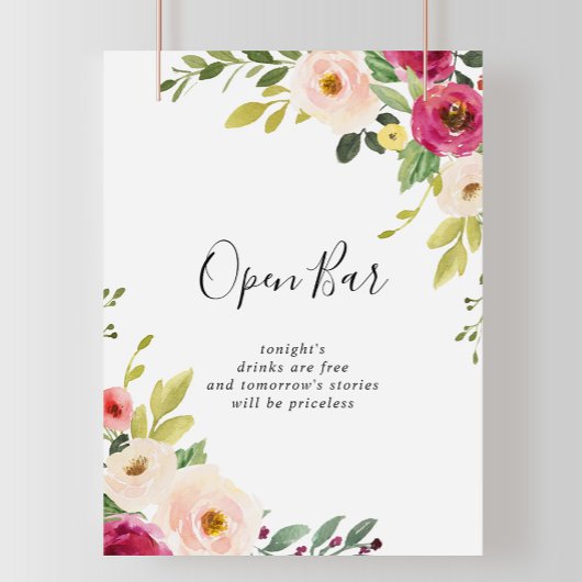 Greenery Pink Blush Floral Wedding Open Bar Poster