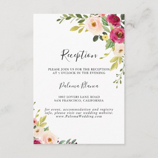 Greenery Pink Blush Floral Wedding Reception Informatiekaartje (Voorkant)