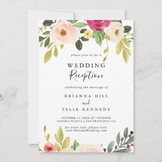 Greenery Pink Blush Floral Wedding Reception Kaart (Voorkant)