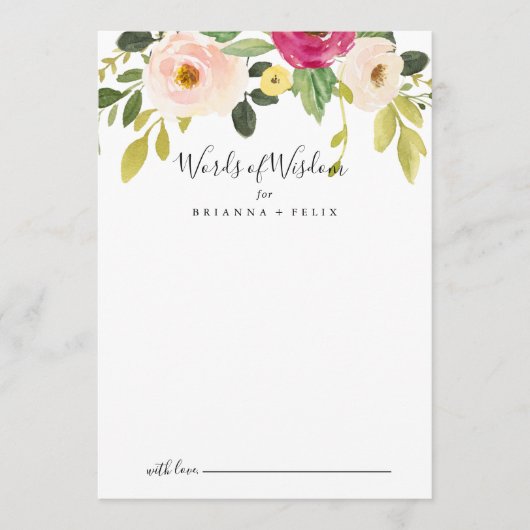 Greenery Pink Blush Floral Wedding Words of Wisdom Advieskaart (Voorkant)