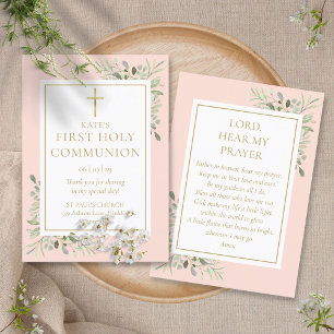 Greenery Pink First Heilige Commune Prayer Kaart Contactkaartje