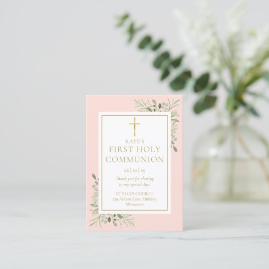 Greenery Pink First Heilige Commune Prayer Kaart Contactkaartje (Staand voorkant)