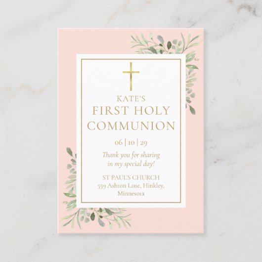 Greenery Pink First Heilige Commune Prayer Kaart Contactkaartje (Voorkant)