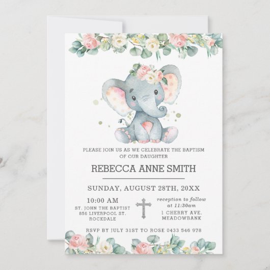Greenery Pink Floral Elephant Baptism Christening Kaart (Voorkant)