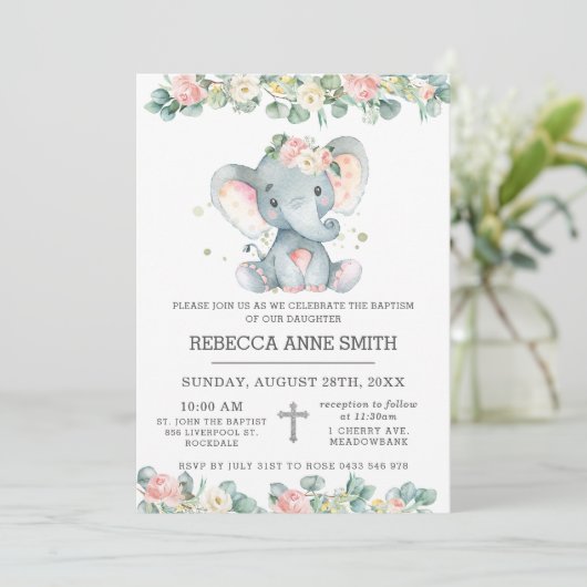 Greenery Pink Floral Elephant Baptism Christening Kaart (Staand voorkant)