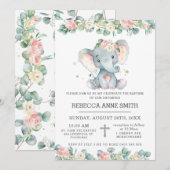 Greenery Pink Floral Elephant Baptism Christening Kaart (Voorkant / Achterkant)