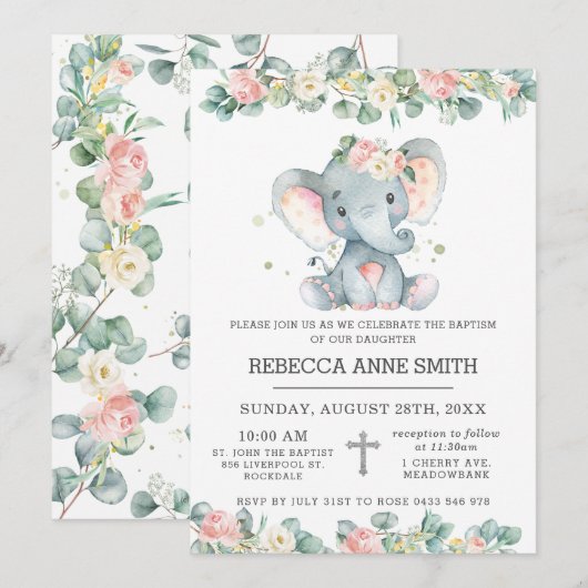 Greenery Pink Floral Elephant Baptism Christening Kaart (Voorkant / Achterkant)