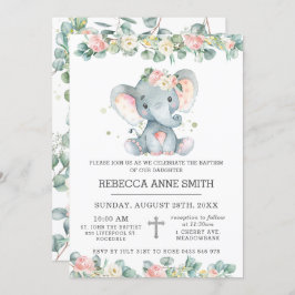 Greenery Pink Floral Elephant Baptism Christening Kaart