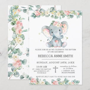 Greenery Pink Floral Elephant Baptism Christening Kaart
