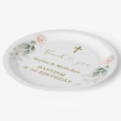 Greenery Pink Floral Gold Baptisme 1e verjaardag Papieren Bordje (Gekanteld)