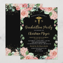 Greenery Pink Floral RN Nursing Graduation Party Kaart
