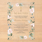 Greenery Pink Floral Spanish Mi Bautizo Baptism Acryl Uitnodigingen (Voorkant)