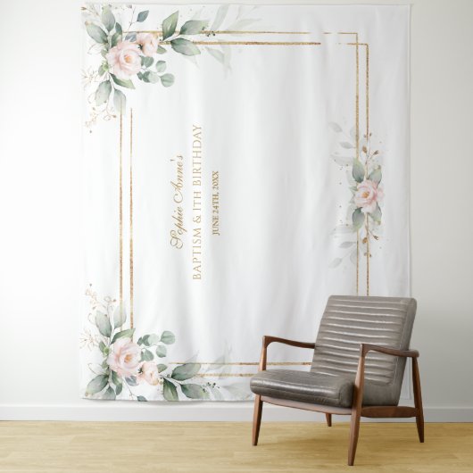 Greenery Pink FloralL Prop Baptism 1st Birthday Wandkleed (In situ)